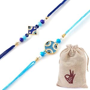 HATHKAAM Set of 2 Designer Evil Eye Blue Rakhi | Traditional Handmade Rakhi for Brother Bhai | Rakhi Bracelet for Bhaiya Combo Gift made with fine Threads for Rakhsha Bandhan (HKR2006)