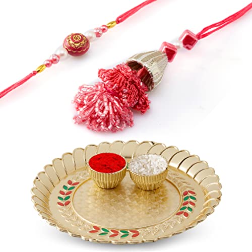 HATHKAAM 4 Pc Designer Lumba Rakhi for Brother and Bhabhi Set With Plate Traditional Rakhi Set for Brother and Bhabhi Decoration Thali Rakhi Lumba Set Platter , Two Vatis and 3 Pc Rakhi Set (HKRLP009A)