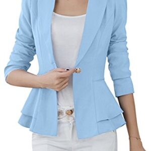 YMING Womens Casual Solid Color Blazer Office Blazer Business Ruffle Hem Jackets Water Blue M