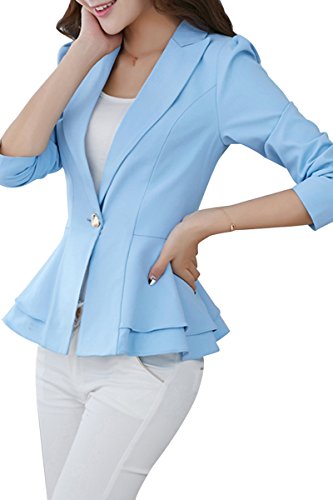 YMING Womens Casual Solid Color Blazer Office Blazer Business Ruffle Hem Jackets Water Blue M