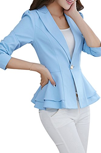 YMING Womens Casual Solid Color Blazer Office Blazer Business Ruffle Hem Jackets Water Blue M