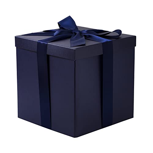 RUSPEPA Medium Birthday Gift Box with Lids, Ribbon and Tissue Paper, Collapsible Gift Box - 1 Pcs, 9x9x9 Inches, Navy Blue