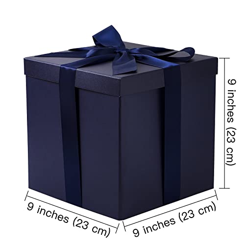 RUSPEPA Medium Birthday Gift Box with Lids, Ribbon and Tissue Paper, Collapsible Gift Box - 1 Pcs, 9x9x9 Inches, Navy Blue