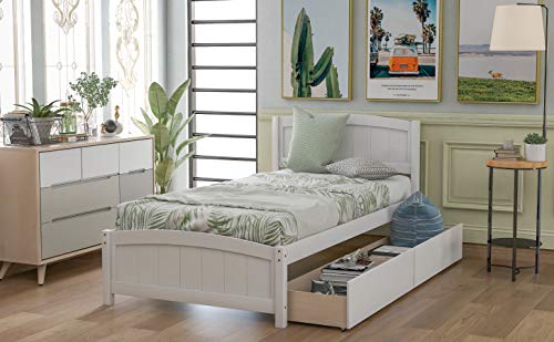 Twin Size Platform Bed with 2 Storage Drawers, Solid Wood Twin Bed Frame with Slat Support and Headboard for Kids, Teen, Adults, No Box Spring Needed(Twin, White)
