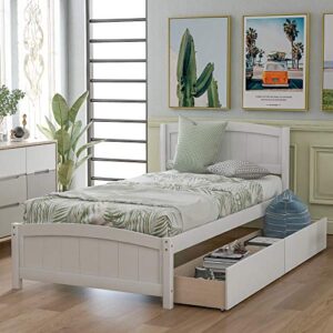 twin size platform bed with 2 storage drawers, solid wood twin bed frame with slat support and headboard for kids, teen, adults, no box spring needed(twin, white)