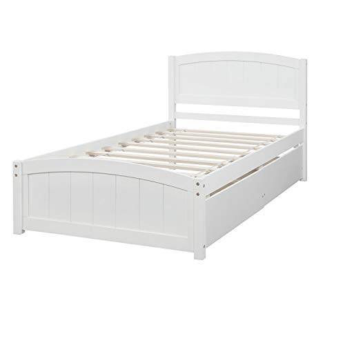Twin Size Platform Bed with 2 Storage Drawers, Solid Wood Twin Bed Frame with Slat Support and Headboard for Kids, Teen, Adults, No Box Spring Needed(Twin, White)