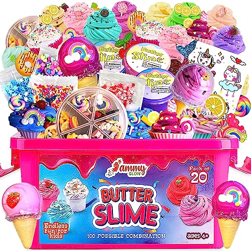 Fluffy Butter Slime Kit for Girls/Boys-49 Pcs-20 Large Slime Gift Set w/Storage Box Keeps Slime Fresh Avoids Drying Out-Slime Charms w/Organizer-Ice Cream Cones Cupcake Sprinkles & Stickers