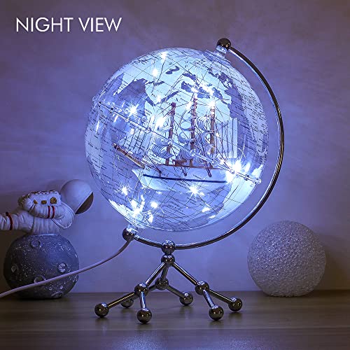 Tpmorwilfun Transparent Globe Illuminated Decorative World Globe 8" Diameter Gift Geographical Desktop Home Office Collectible Globe (White)