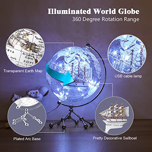 Tpmorwilfun Transparent Globe Illuminated Decorative World Globe 8" Diameter Gift Geographical Desktop Home Office Collectible Globe (White)