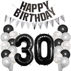 borsgye 30th birthday party decorations set for girl boy women men black happy birthday letter banner silver sparkly glitter traingle banner confetti latex balloons with black giant number 30 balloon
