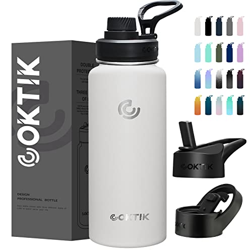 COKTIK 40 oz Sports Water Bottle With Straw,3 Lids, Stainless Steel Vacuum Insulated Water Bottles,Leakproof Lightweight, Keeps Cold and Hot, Great for Travel, Hiking, Biking, Running(White)