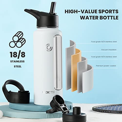 COKTIK 40 oz Sports Water Bottle With Straw,3 Lids, Stainless Steel Vacuum Insulated Water Bottles,Leakproof Lightweight, Keeps Cold and Hot, Great for Travel, Hiking, Biking, Running(White)