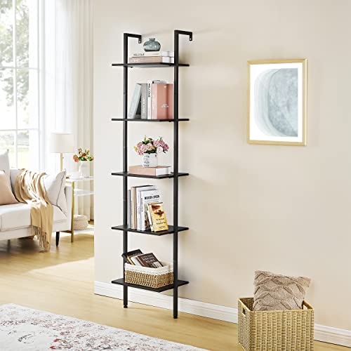 Tajsoon Industrial Bookcase, Ladder Shelf, 5-Tier Wood Wall Mounted Bookshelf with Stable Metal Frame, Open Display Rack for Bedroom, Home Office, Black