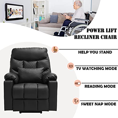 IPKIG Power Lift Recliner Chair for Elderly with Massage and Heated, PU Leather Electric Recliner Chair with USB Ports, Remote Control, Cup Holders & 4 Side Pockets for Home Living Room (Black)