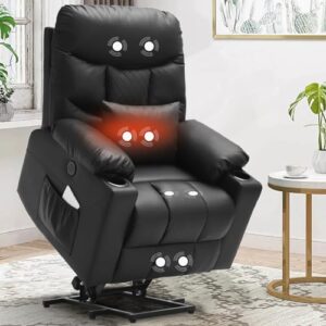 ipkig power lift recliner chair for elderly with massage and heated, pu leather electric recliner chair with usb ports, remote control, cup holders & 4 side pockets for home living room (black)