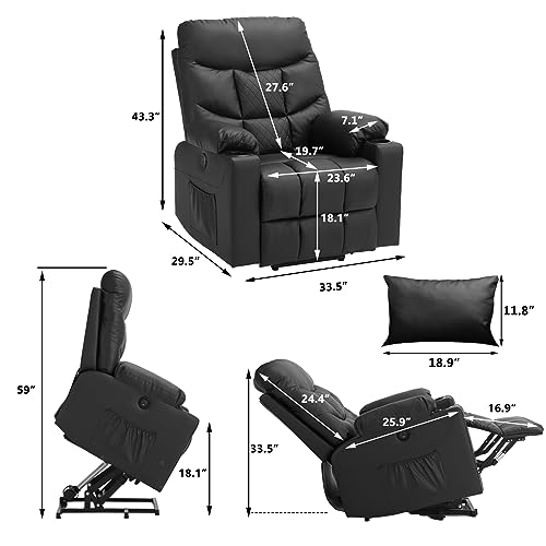 IPKIG Power Lift Recliner Chair for Elderly with Massage and Heated, PU Leather Electric Recliner Chair with USB Ports, Remote Control, Cup Holders & 4 Side Pockets for Home Living Room (Black)