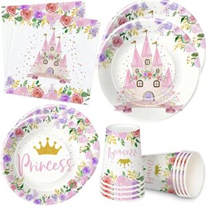 hipvvild princess party decorations tableware - princess birthday party supplies include dinner plates, dessert plates, cups, napkins, for princess birthday baby shower party decorations | serve 24