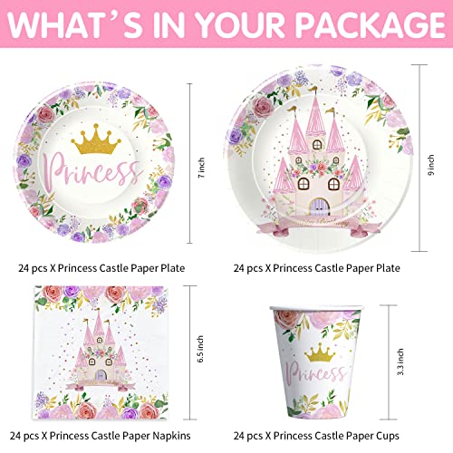 HIPVVILD Princess Party Decorations Tableware - Princess Birthday Party Supplies Include Dinner Plates, Dessert Plates, Cups, Napkins, for Princess Birthday Baby Shower Party Decorations | Serve 24