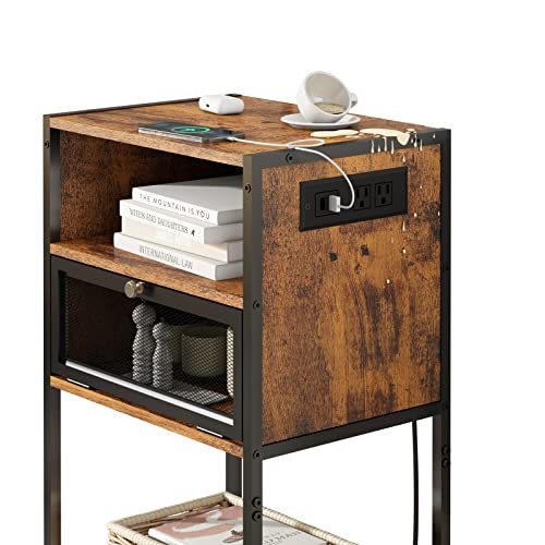 SOOWERY Nightstand with Charging Station, Bedside Tables with 3 Tiers Storage Space and Door, End Tables with USB Ports and Outlets for Bedroom, Living Room, Brown