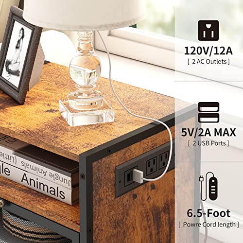 SOOWERY Nightstand with Charging Station, Bedside Tables with 3 Tiers Storage Space and Door, End Tables with USB Ports and Outlets for Bedroom, Living Room, Brown