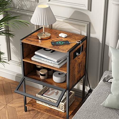 SOOWERY Nightstand with Charging Station, Bedside Tables with 3 Tiers Storage Space and Door, End Tables with USB Ports and Outlets for Bedroom, Living Room, Brown