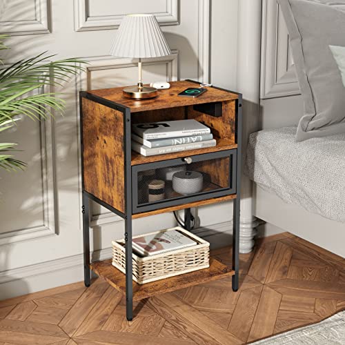 SOOWERY Nightstand with Charging Station, Bedside Tables with 3 Tiers Storage Space and Door, End Tables with USB Ports and Outlets for Bedroom, Living Room, Brown