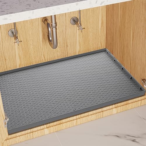 Sdpeia Under Sink Mat for [34" x 22"] Cabinet, Silicone Waterproof Mat, Kitchen Cabinet Liner Holds Over 2.2 Gallons, Cabinet Protector, Under Sink Tray for Drips, Leaks, Spills (Grey)