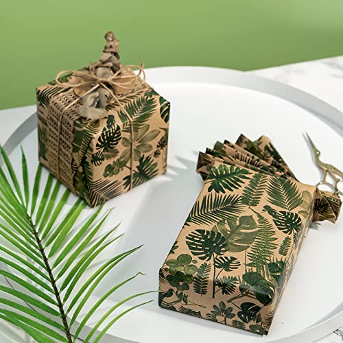 RUSPEPA Kraft Wrapping Paper Roll - Tropical Plants Design Great for Birthday, Party, Baby Shower - 17 Inches X 32.8 Feet