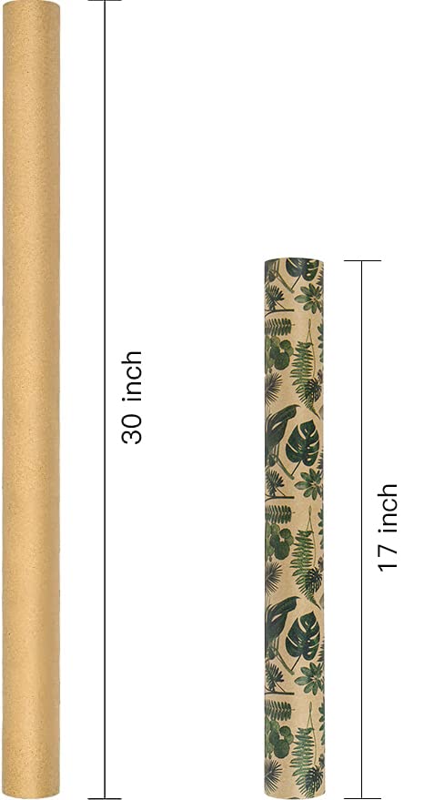 RUSPEPA Kraft Wrapping Paper Roll - Tropical Plants Design Great for Birthday, Party, Baby Shower - 17 Inches X 32.8 Feet