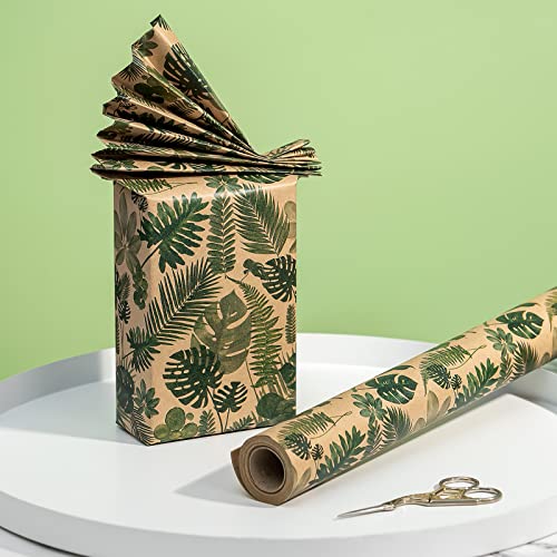 RUSPEPA Kraft Wrapping Paper Roll - Tropical Plants Design Great for Birthday, Party, Baby Shower - 17 Inches X 32.8 Feet