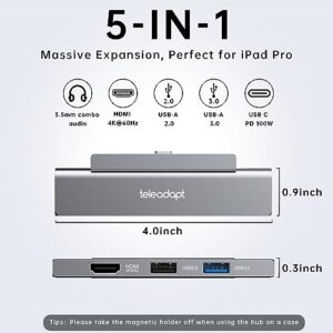 Teleadapt iPad Pro USB C Hub, 5-in-1 Hub Adapter for iPad Pro 2020 2021 11.9 12.9 inches iPad Air 2020, iPad Pro Hub with 4K HDMI, 3.5mm Headphone Jack, 100W USBC Charging, USB 2.0, USB 3.0 Data C Hub