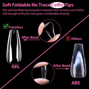 UNA GELLA Long Coffin Gel Nail Tips 216pcs 12 Sizes Clear Press on Nails Base Tips Coffin False Fake Tips Full Acrylic Nails Coffin Shaped For Nail Extension DIY Salon Soft Gel Tips