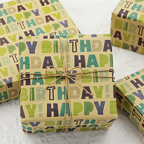 Happy Birthday Green Wrapping Paper For Men Women Boys Girls Kids,Gift Wrap, 20 x 28 inches per sheet (6 sheets: 23 sq. ft. ttl.) Brown KRecycled raft Folded Paper for Baby Shower Daddy All Birthday Occasions