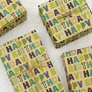 Happy Birthday Green Wrapping Paper For Men Women Boys Girls Kids,Gift Wrap, 20 x 28 inches per sheet (6 sheets: 23 sq. ft. ttl.) Brown KRecycled raft Folded Paper for Baby Shower Daddy All Birthday Occasions