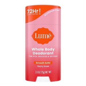 lume whole body deodorant - smooth solid stick - 72 hour odor control - aluminum free, baking soda free and skin safe - 2.6 ounce (peony rose)