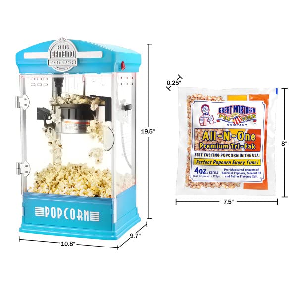 Big Bambino Popcorn Maker Set ? 4 Oz Kettle with 24-Pack of Pre-Measured Popcorn Kernels, Scoop, and Serving Cups by Great Northern Popcorn (Blue) (83-DT6106)