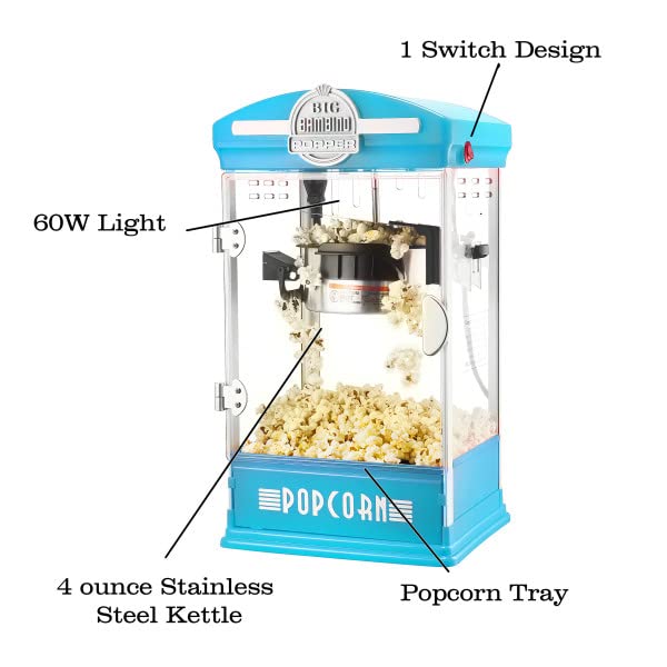 Big Bambino Popcorn Maker Set ? 4 Oz Kettle with 24-Pack of Pre-Measured Popcorn Kernels, Scoop, and Serving Cups by Great Northern Popcorn (Blue) (83-DT6106)