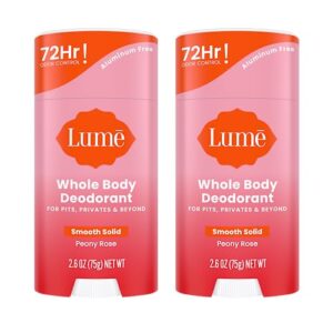 lume whole body deodorant - smooth solid stick - 72 hour odor control - aluminum free, baking soda free and skin safe - 2.6 ounce, (pack of 2) (peony rose)