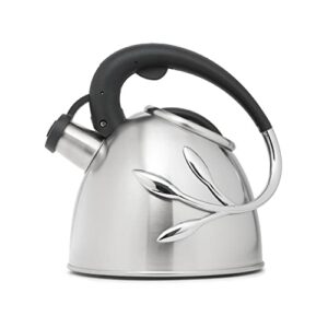 everyday solutions whistling tea kettle; vine collection - brushed stainless steel kettle w/ergonomic heat resistant handle & leaf design - for gas, electric, or convection cooktop - 2 quart capacity