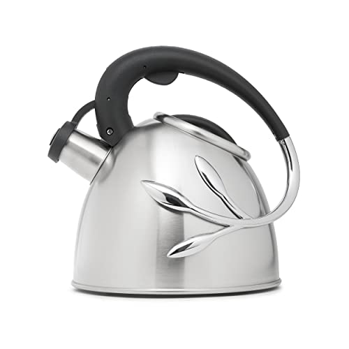 Everyday Solutions Whistling Tea Kettle; Vine Collection - Brushed Stainless Steel Kettle w/Ergonomic Heat Resistant Handle & Leaf Design - for Gas, Electric, or Convection Cooktop - 2 Quart Capacity