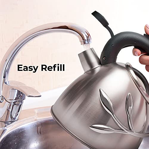Everyday Solutions Whistling Tea Kettle; Vine Collection - Brushed Stainless Steel Kettle w/Ergonomic Heat Resistant Handle & Leaf Design - for Gas, Electric, or Convection Cooktop - 2 Quart Capacity