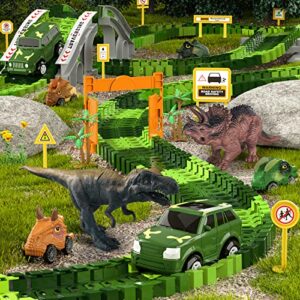 iHaHa Dinosaur Toys Race Car Track, Dinosaur Race Track for Kids Toddler Boys Toys 1-3 3-5, 6 PCS Dino Car, 2 Dino and Flexible Race Track Create A Dinosaur Road Toys Gifts for 3 4 5 6 Year Old Boys