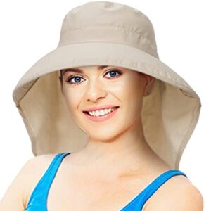 Outdoor Fishing-Hat Summer Sun-Hats for Women - Wide Brim UPF 50+ Fishing Hat UV Protection Hiking Hat with Neck Flap Cap Beige