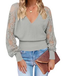 zcsia women's long sleeve v neck lace patchwork solid color ribbed knit pullover sweater tops,solidgrey,small