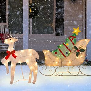 ATDAWN Lighted Christmas Reindeer Sleigh Outdoor Yard Decoration, 50 Lights Christmas Deer Outdoor Decoration, Outdoor Lighted Holiday Deer Christmas Yard Decoration Light Up Display