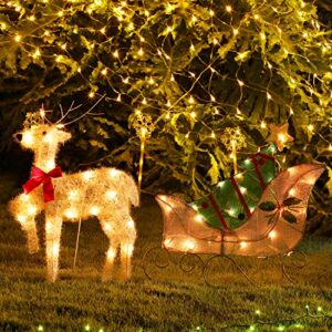 ATDAWN Lighted Christmas Reindeer Sleigh Outdoor Yard Decoration, 50 Lights Christmas Deer Outdoor Decoration, Outdoor Lighted Holiday Deer Christmas Yard Decoration Light Up Display