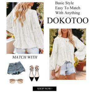 Dokotoo Women’s Floral Textured Babydoll Blouses for Women Lantern Long Sleeve Crewneck Summer Lace Tops Casual Loose Flowy Shirts for Women White Medium