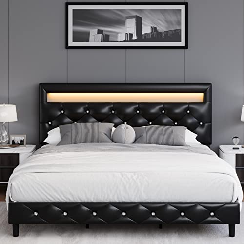 Modern Upholstered Platform Bed Frame with LED Headboard, Faux Leather Low Profile Platform Bed Frame, Strong Wood Slat Support, Adjustable Upholstered Headboard, Easy Assembly, Black, Queen Size