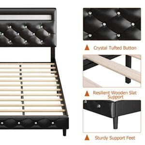 Modern Upholstered Platform Bed Frame with LED Headboard, Faux Leather Low Profile Platform Bed Frame, Strong Wood Slat Support, Adjustable Upholstered Headboard, Easy Assembly, Black, Queen Size