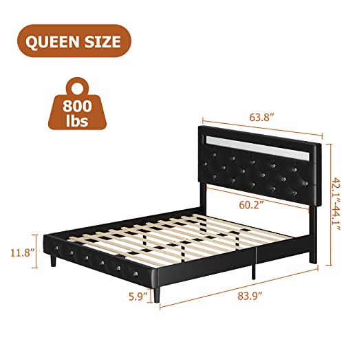 Modern Upholstered Platform Bed Frame with LED Headboard, Faux Leather Low Profile Platform Bed Frame, Strong Wood Slat Support, Adjustable Upholstered Headboard, Easy Assembly, Black, Queen Size